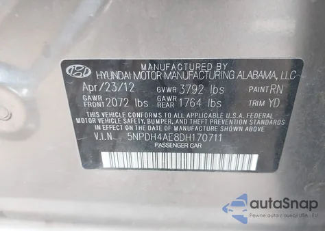 2013 Hyundai Elantra Gls/Limited from USA, damaged, VIN 5NPDH4AE8DH170711